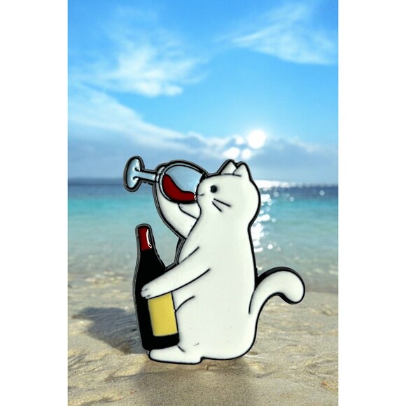 Fun Cat with Wine Bottle Brooch - Quirky Enamel Lapel Pin - Picture 2 of 5